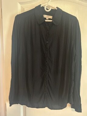 LOFT Black Sheer Dot-Texture Button Front Blouse Large
